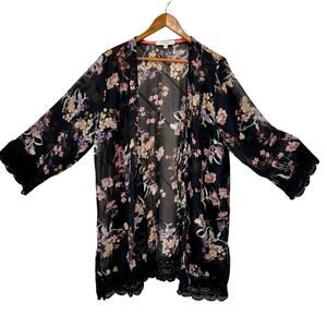Boho Floral Black Lace Trim Kimono Cardigan Sheer Chiffon Festival Layering  XXL